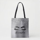 Silver Glitter Sparkle Eyelashes Monogram Naam Tote Bag (Voorkant)