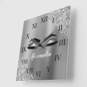 Silver Glitter Sparkle Eyelashes Monogram Naam Vierkante Klok (Hoek)
