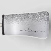 Silver Glitter Sparkle Glam Metal Monogram Naam Golfheadcover (Voorkant)