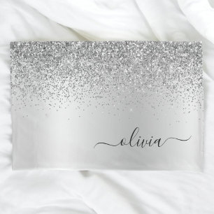 Silver Glitter Sparkle Glam Metal Monogram Naam Kussensloop