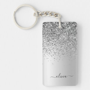 Silver Glitter Sparkle Glam Metal Monogram Naam Sleutelhanger