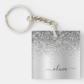 Silver Glitter Sparkle Glam Metal Monogram Naam Sleutelhanger (voorkant)