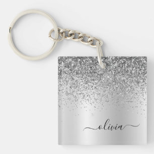 Silver Glitter Sparkle Glam Metal Monogram Naam Sleutelhanger