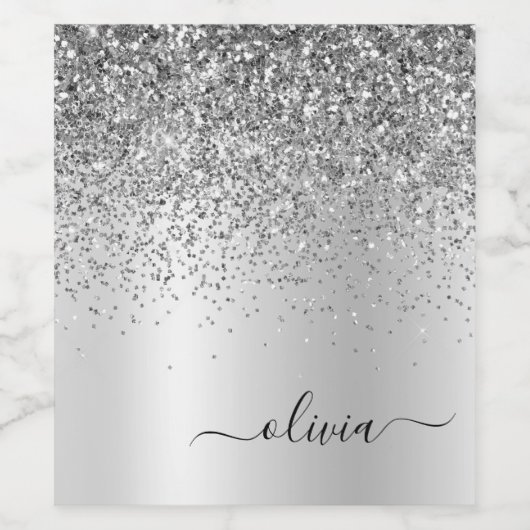 Silver Glitter Sparkle Glam Metal Monogram Naam Wijn Etiket (Enkel label)