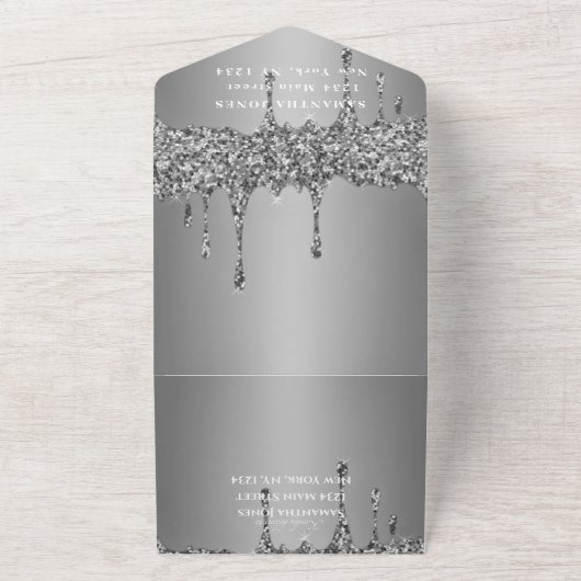 Silver Glitter Sparkle Grey Modern Sweet 16 All In One Uitnodiging (Buitenkant)