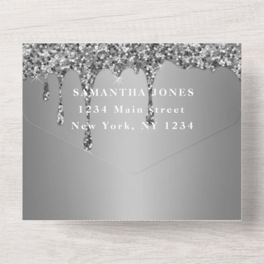 Silver Glitter Sparkle Grey Modern Sweet 16 All In One Uitnodiging (Achterkant)