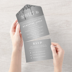 Silver Glitter Sparkle Grey Modern Sweet 16 All In One Uitnodiging