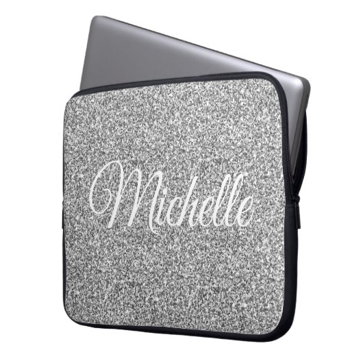 Silver Glitter Sparkle Metallic Personalized Laptop Sleeve (Voorkant Links)