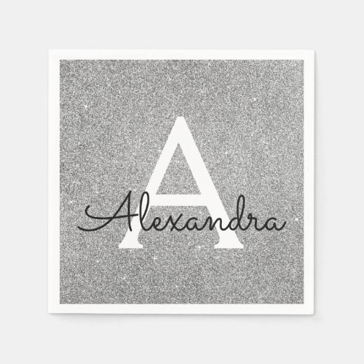 Silver Glitter & Sparkle Monogram Initiaal Verjaar Servet (Voorkant)