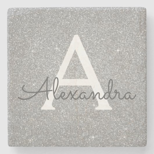 Silver Glitter & Sparkle Monogram Stenen Onderzetter (Voorkant)