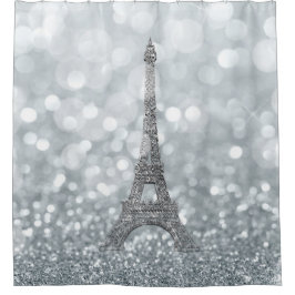 Silver Glitter Sparkle Paris Eiffel Tower Glam Douchegordijn