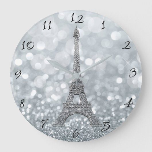 Silver Glitter Sparkle Paris Eiffel Tower Glam Grote Klok (Voorkant)