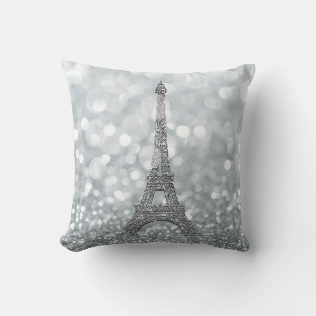 Silver Glitter Sparkle Paris Eiffel Tower Glam Kussen (Voorkant)