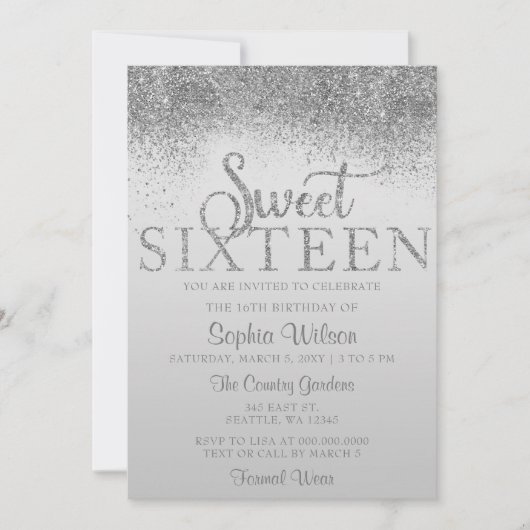 Silver Glitter Sparkle Sweet 16 Birthday Kaart (Voorkant)