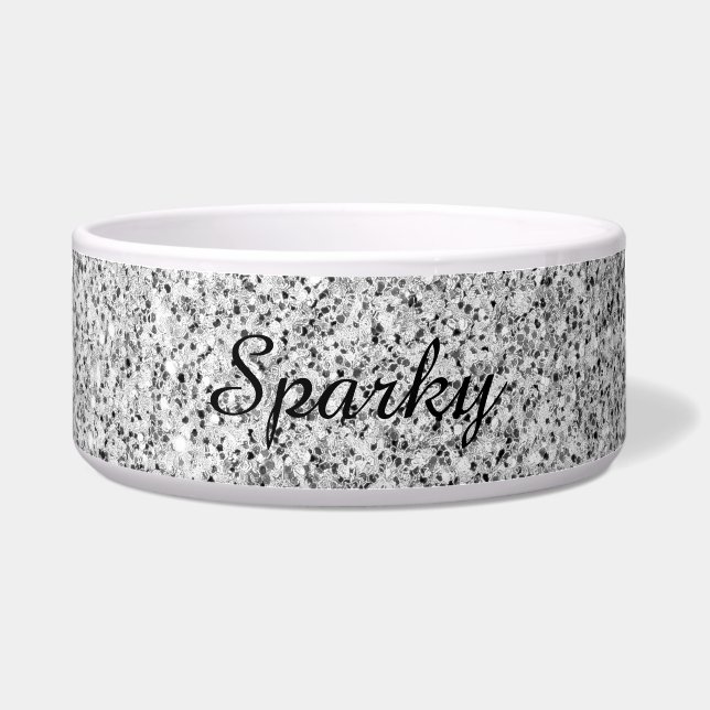 Silver glitter sparkles black white Personalize Voerbakje (Voorkant)
