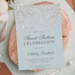 Silver glitter sparkles blue chic zoete zestien kaart<br><div class="desc">Een modern,   en elegant zilveren glitter douchecombre met een stoffige blauwe kleur blok Sweet 16 verjaardagsfeestuitnodiging.</div>