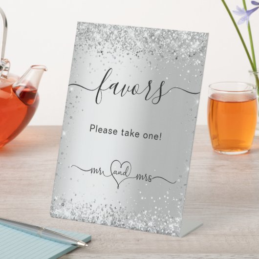 Silver glitter sparkles bruiloft gastbevoordeelt reclamebord met voetstuk (Insitu)