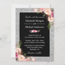 Silver Glitter Sparkles Floral Wedding Invitation