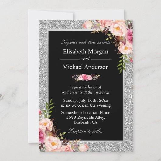 Silver Glitter Sparkles Floral Wedding Invitation Kaart (Voorkant)