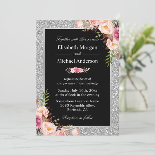 Silver Glitter Sparkles Floral Wedding Invitation Kaart (Staand voorkant)