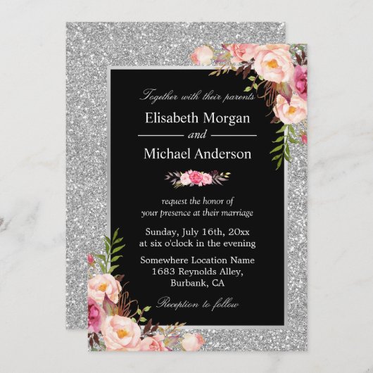Silver Glitter Sparkles Floral Wedding Invitation Kaart (Voorkant / Achterkant)