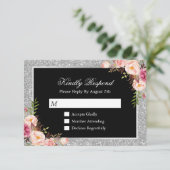 Silver Glitter Sparkles Floral Wedding RSVP Antwoo (Staand voorkant)