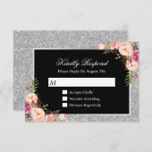 Silver Glitter Sparkles Floral Wedding RSVP Antwoo (Voorkant / Achterkant)