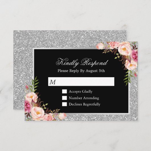 Silver Glitter Sparkles Floral Wedding RSVP Antwoo (Voorkant / Achterkant)