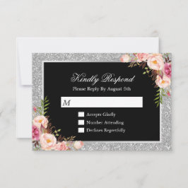 Silver Glitter Sparkles Floral Wedding RSVP Antwoo Kaartje
