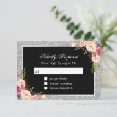 Silver Glitter Sparkles Floral Wedding RSVP Antwoo Kaartje (Staand voorkant)