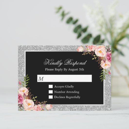 Silver Glitter Sparkles Floral Wedding RSVP Antwoo Kaartje (Staand voorkant)