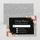Silver Glitter Sparkles Floral Wedding RSVP Antwoo Kaartje (Voorkant / Achterkant)
