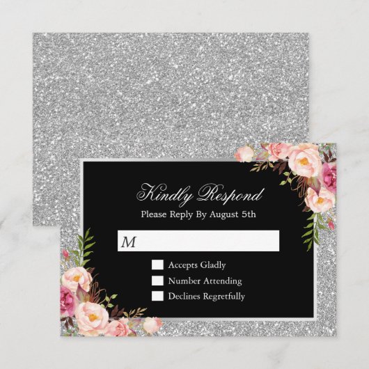 Silver Glitter Sparkles Floral Wedding RSVP Antwoo Kaartje (Voorkant / Achterkant)
