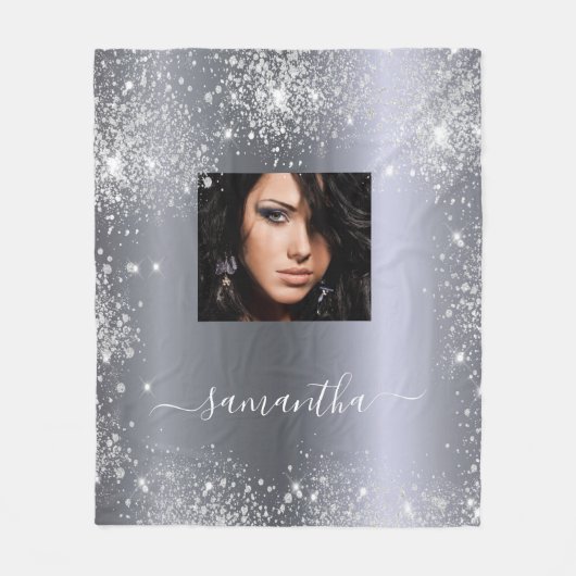 Silver glitter sparkles name fotoscript stijlvol fleece deken (Voorkant)