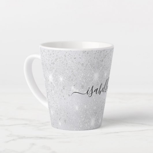 Silver glitter sparkles name script latte mok (Linkerhoek)