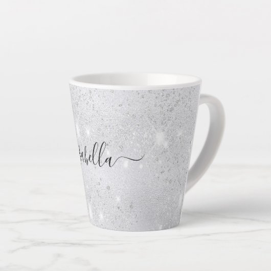 Silver glitter sparkles name script latte mok (Rechterhoek)