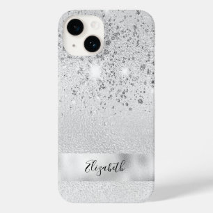 Silver glitter sparkles name script stijlvol Case-Mate iPhone 14 hoesje