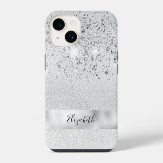 Silver glitter sparkles name script stijlvol iPhone hoesje (Achterkant)
