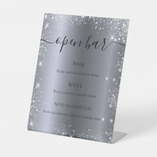 Silver glitter sparkles script bar menu reclamebord met voetstuk (Voorkant)