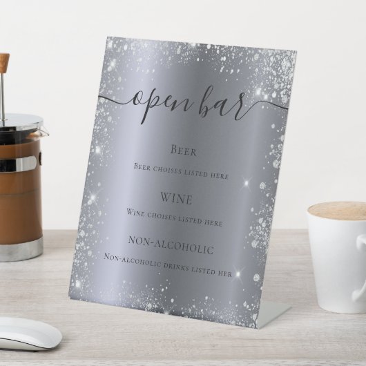 Silver glitter sparkles script bar menu reclamebord met voetstuk (Insitu)