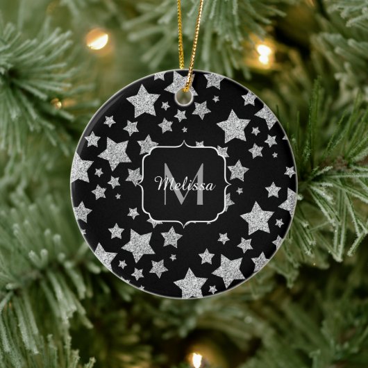 Silver glitter sparkles Stars Patroon Monogram Keramisch Ornament (Boom)