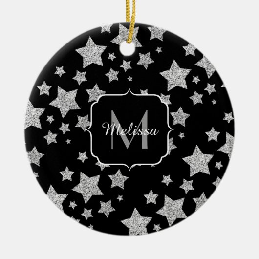 Silver glitter sparkles Stars Patroon Monogram Keramisch Ornament (Voorkant)