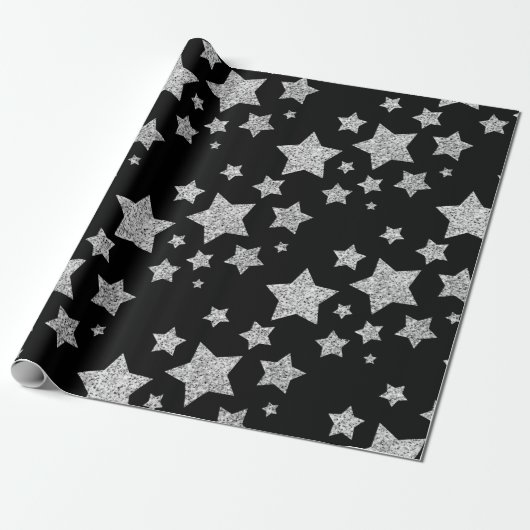 Silver glitter sparkles Stars patroon zwart Cadeaupapier (Uitgerold)
