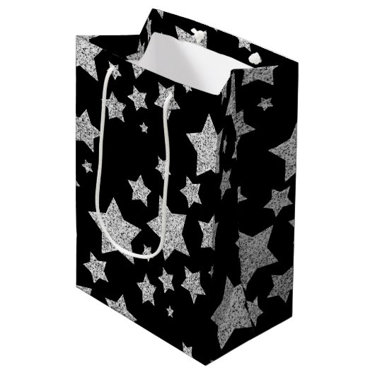 Silver glitter sparkles Stars patroon zwart Medium Cadeauzakje (Voorkant Gekanteld)