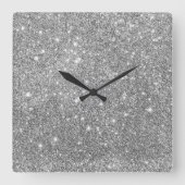 Silver Glitter Sparkles Vierkante Klok (Voorkant)
