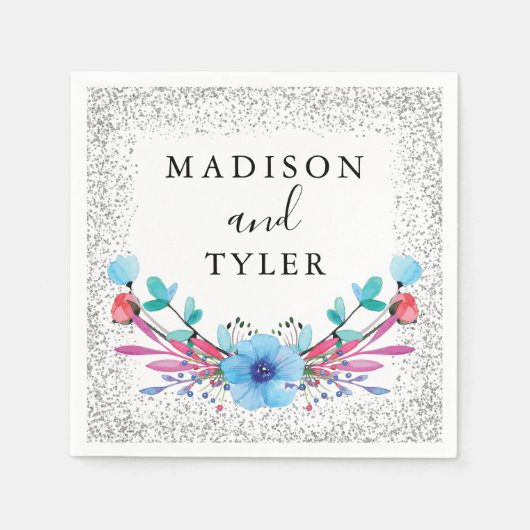 Silver Glitter Sparkles Waterverf Floral Wreater Servet (Voorkant)