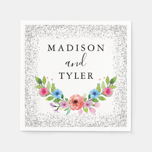 Silver Glitter Sparkles Waterverf Floral Wreater Servet (Voorkant)