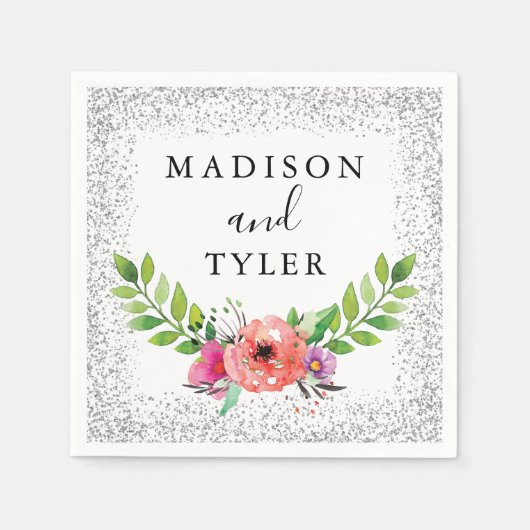 Silver Glitter Sparkles Waterverf Floral Wreater Servet (Voorkant)