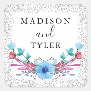 Silver Glitter Sparkles Waterverf Floral Wreater Vierkante Sticker