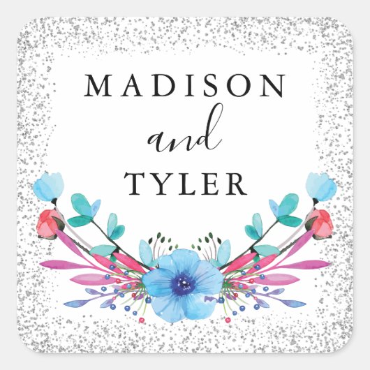 Silver Glitter Sparkles Waterverf Floral Wreater Vierkante Sticker (Voorkant)